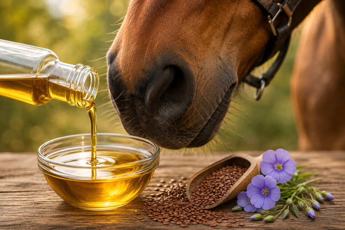 Olej lniany omega 3 dla konia: dawkowanie, korzyści i wybór